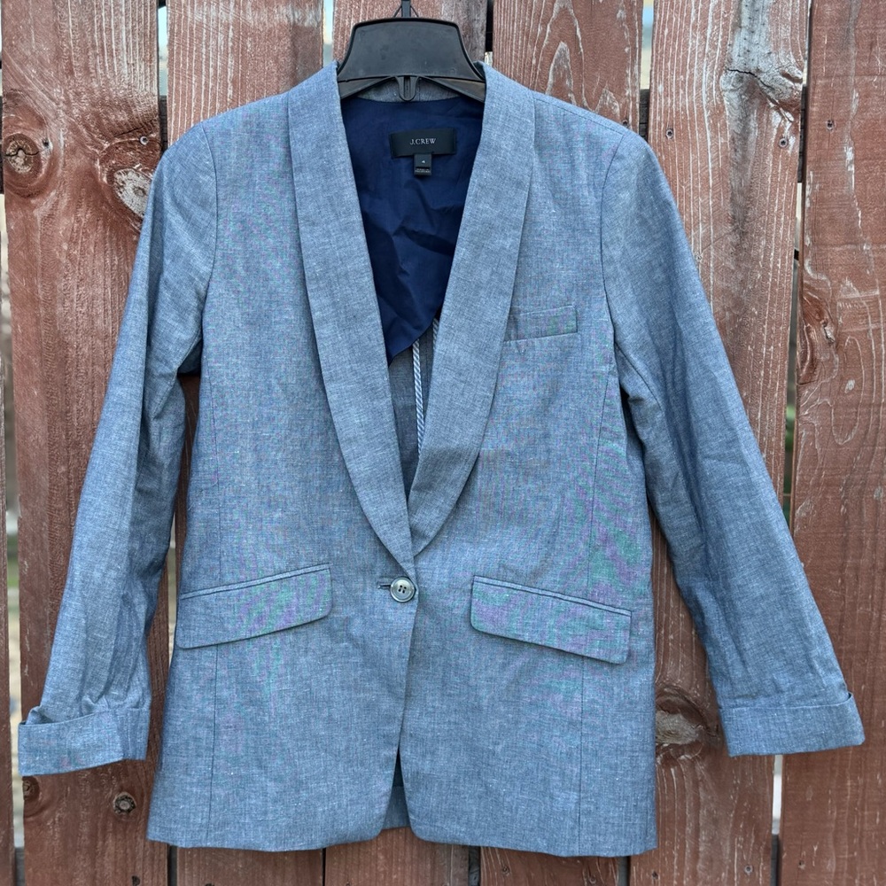 J. Crew Unstructured Shawl Collar Cotten Linen Blazer in Blue Women’s Size 4